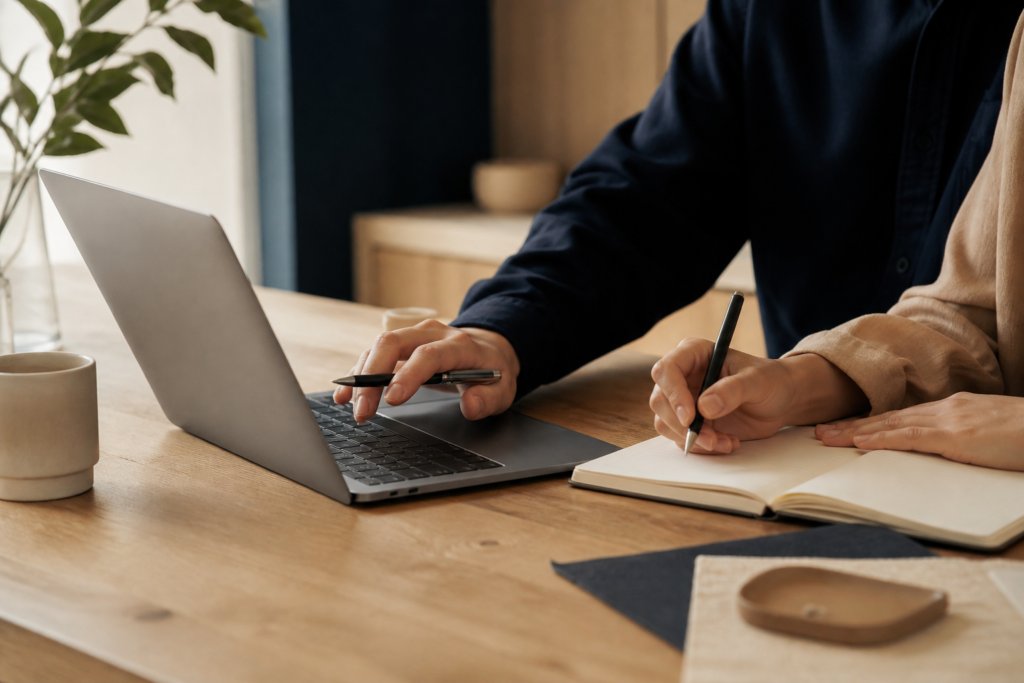 Two people collaborating at a laptop and notebook.