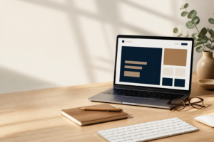 Laptop with clear abstract website layout, notebook and reading glasses.
