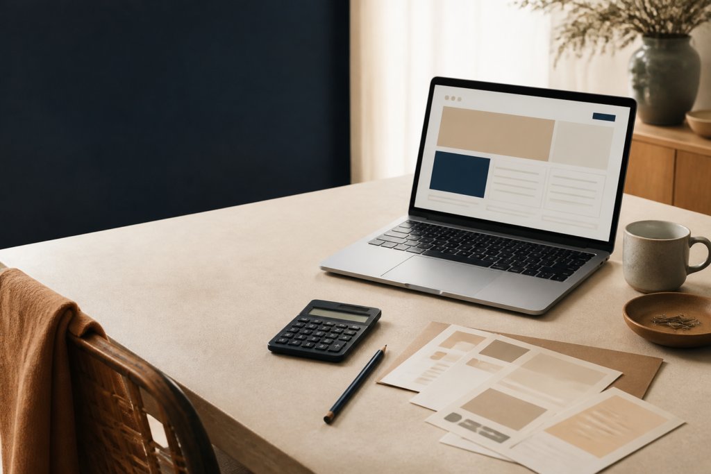 Laptop, calculator and website planning materials on a warm desk.