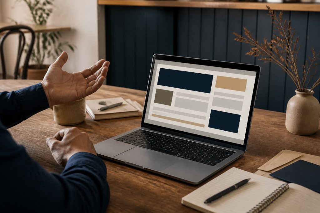 Business owner reviewing an abstract website layout on a laptop.
