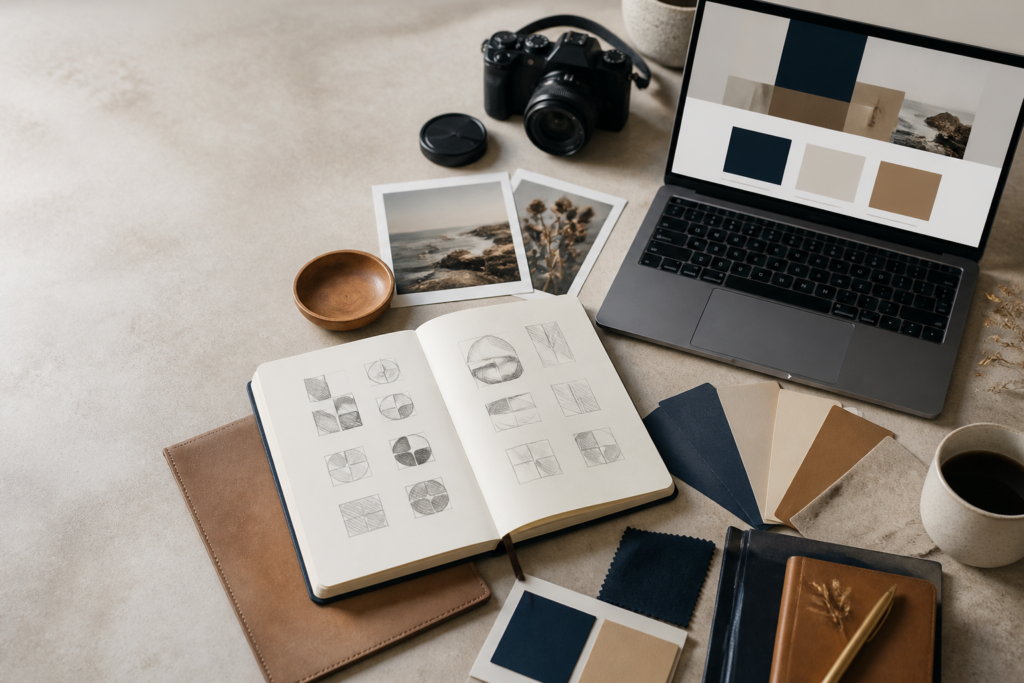 Organised website redesign workspace with laptop, photography, notebook and colour swatches.