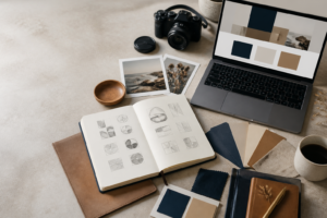 Organised website redesign workspace with laptop, photography, notebook and colour swatches.