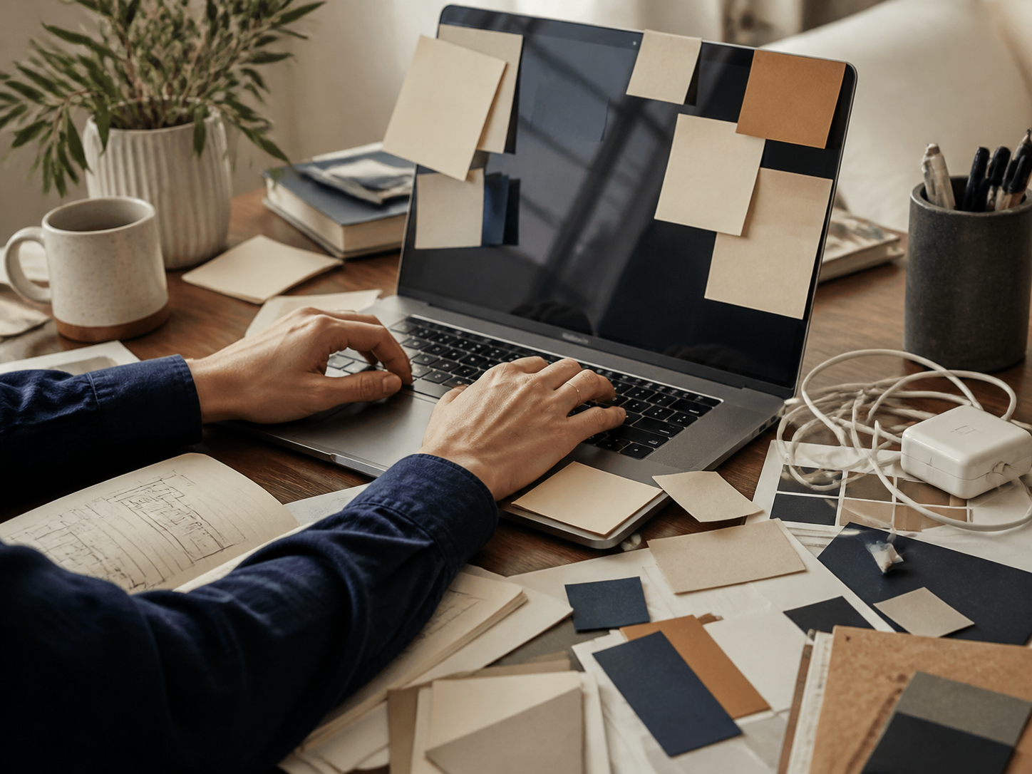 Business owner managing a laptop, notes and design tasks alone.