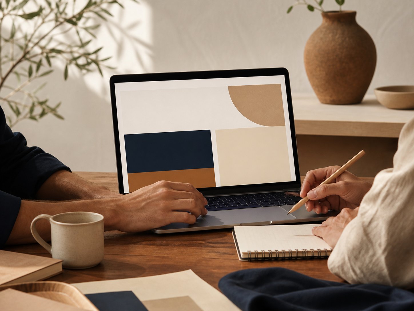 Two people collaborating on a website together at a laptop.