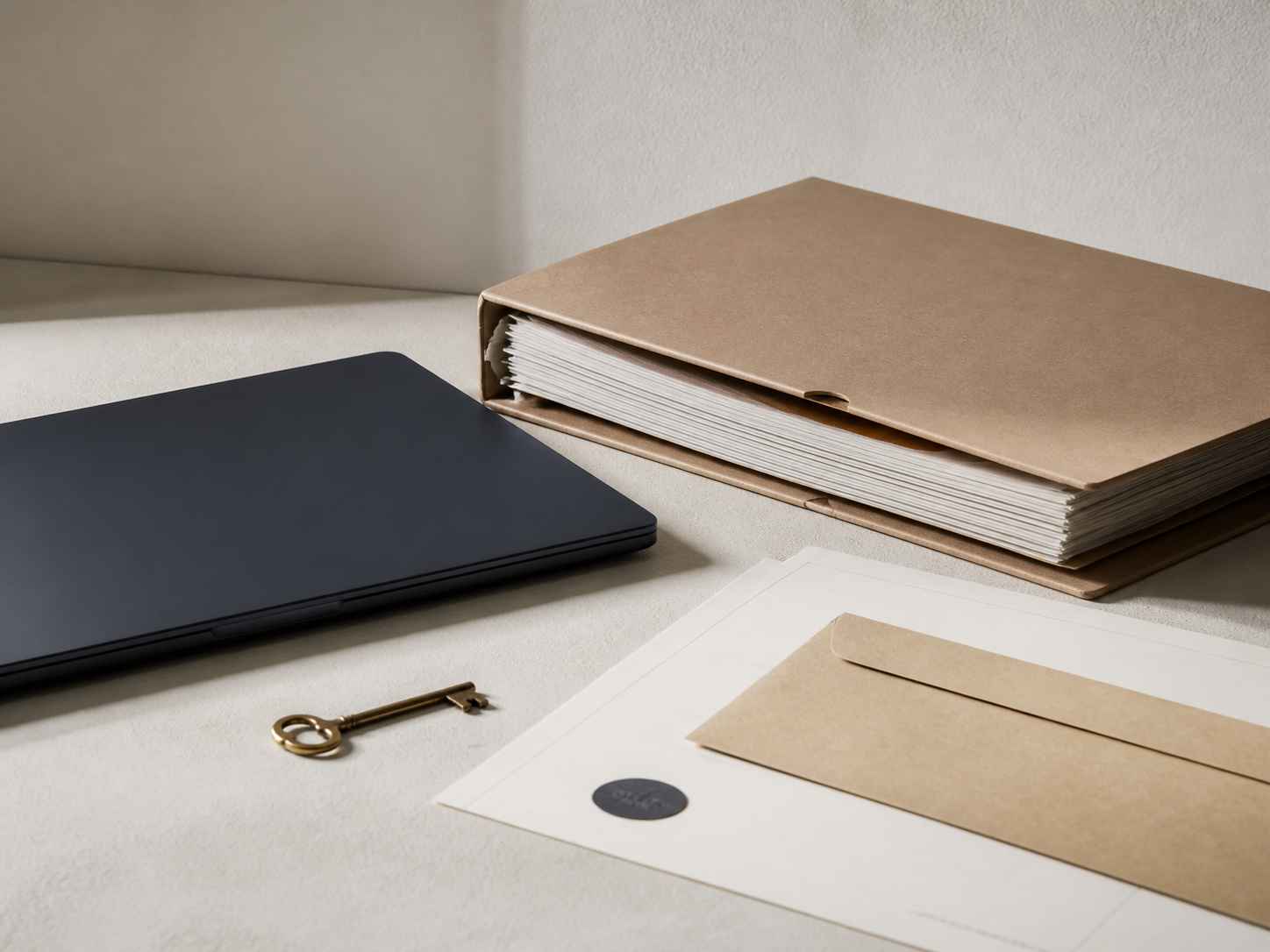 Closed laptop, proposal folder and key representing a traditional agency handover.