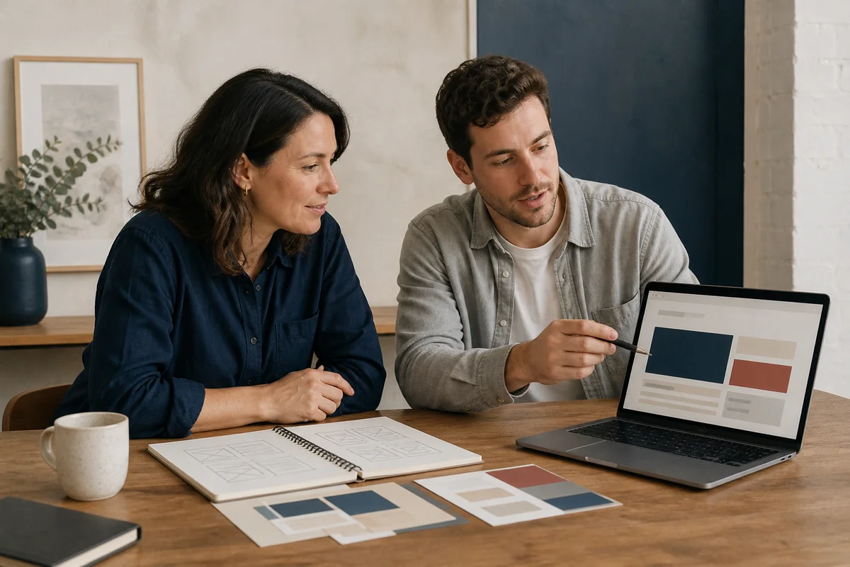 A business owner and web designer reviewing a custom website layout
