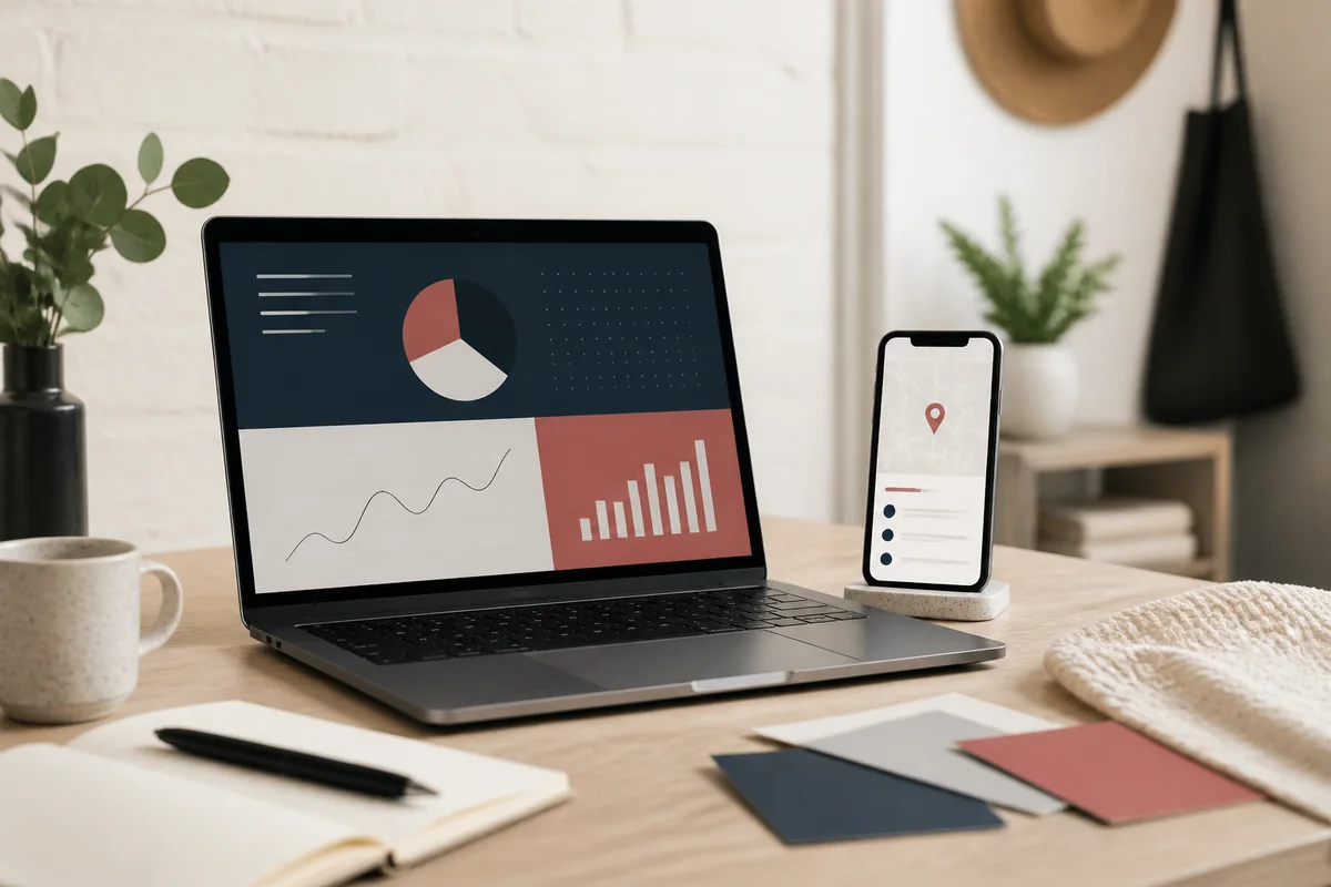 Website analytics and local search information displayed on a laptop and phone